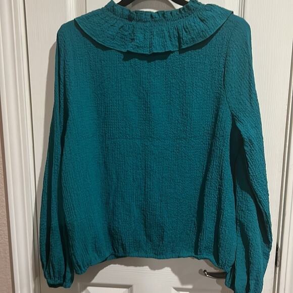 Andrew Marc New York Turquoise Ruffle Neck Top long Sleeve Sz S - Picture 7 of 12